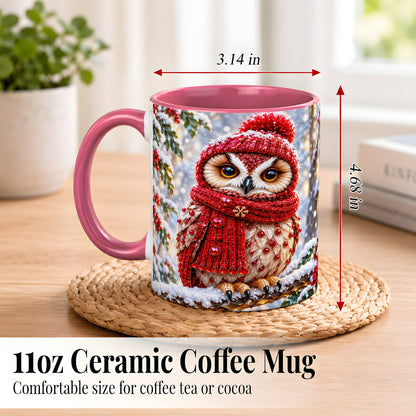 #pl[11oz|Pink] Faceted Winter Owl Coffee Mug, Christmas Owl Mug, Ceramic Cup