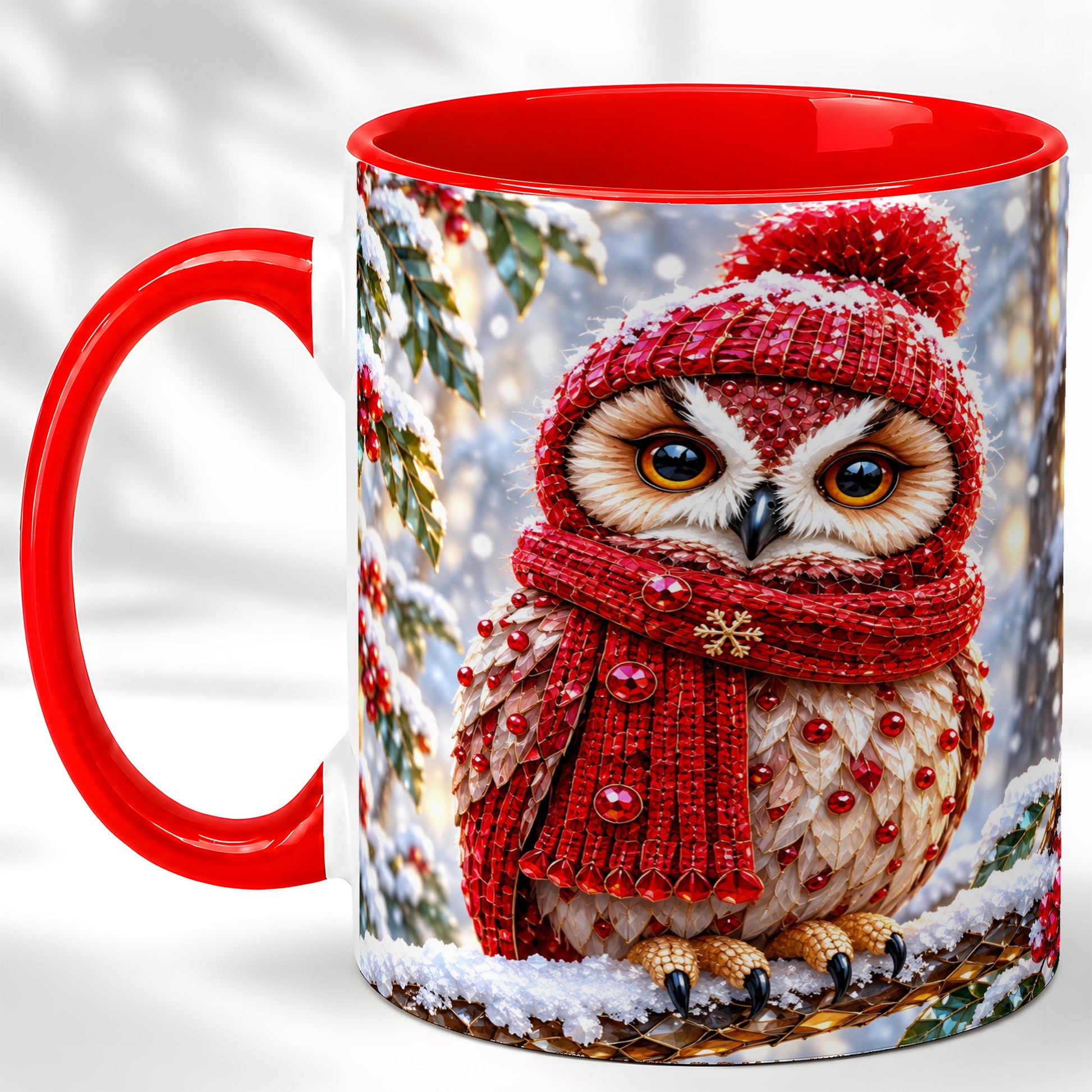 Faceted Winter Owl Coffee Mug, Christmas Owl Mug, Ceramic Cup