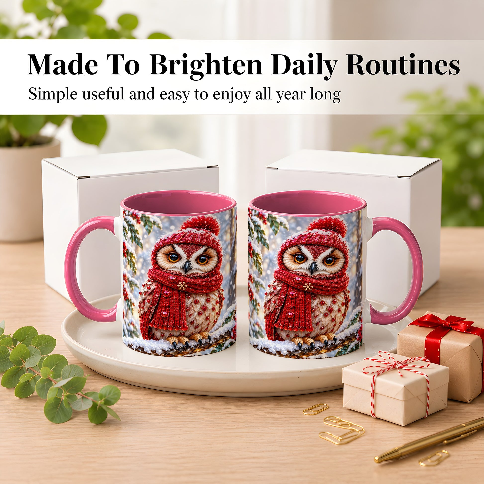 #pl[11oz|Pink] Faceted Winter Owl Coffee Mug, Christmas Owl Mug, Ceramic Cup