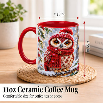 #pl[11oz|Red] Faceted Winter Owl Coffee Mug, Christmas Owl Mug, Ceramic Cup