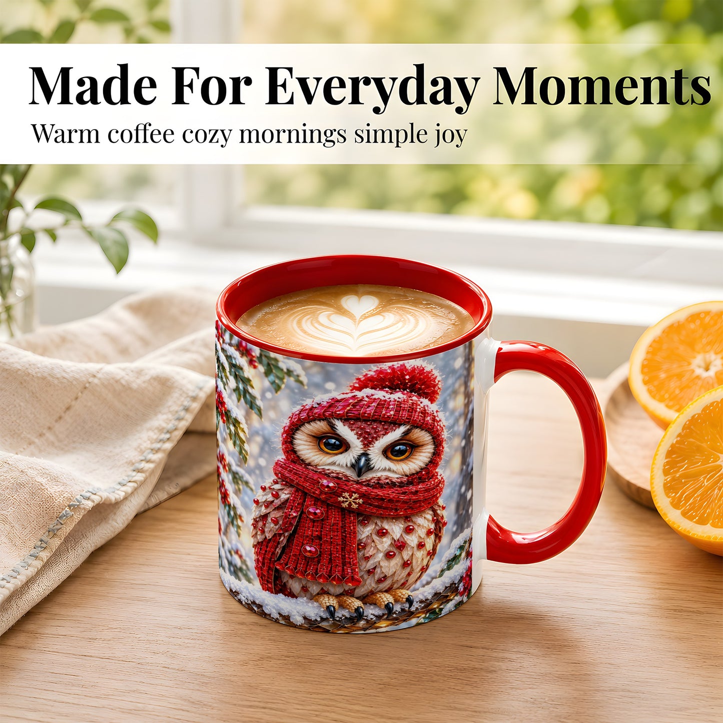 #pl[11oz|Red] Faceted Winter Owl Coffee Mug, Christmas Owl Mug, Ceramic Cup