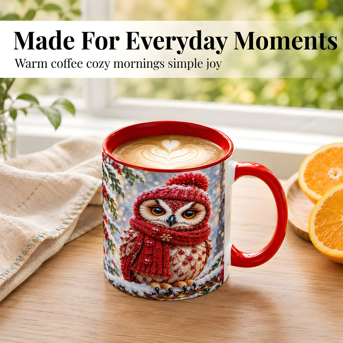 #pl[11oz|Red] Faceted Winter Owl Coffee Mug, Christmas Owl Mug, Ceramic Cup