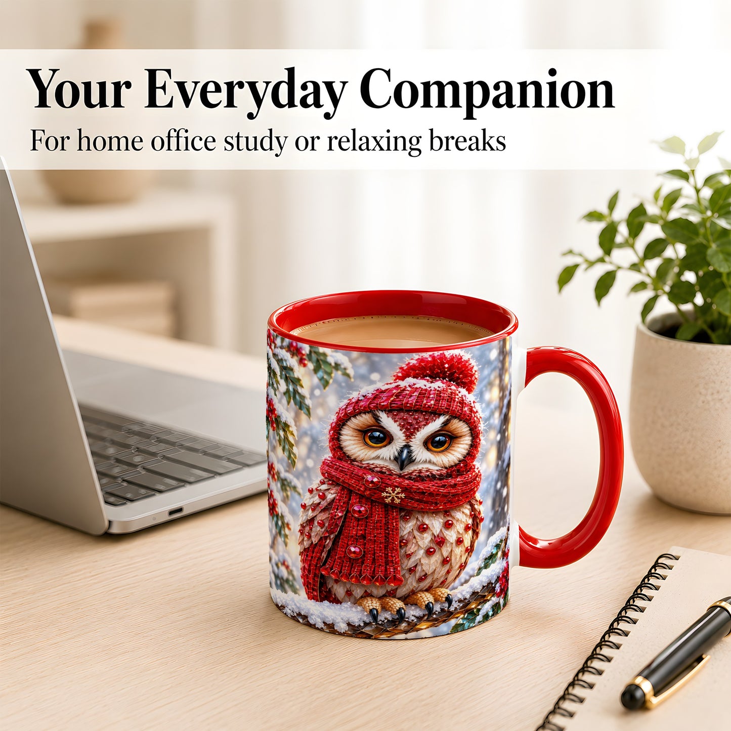 #pl[11oz|Red] Faceted Winter Owl Coffee Mug, Christmas Owl Mug, Ceramic Cup