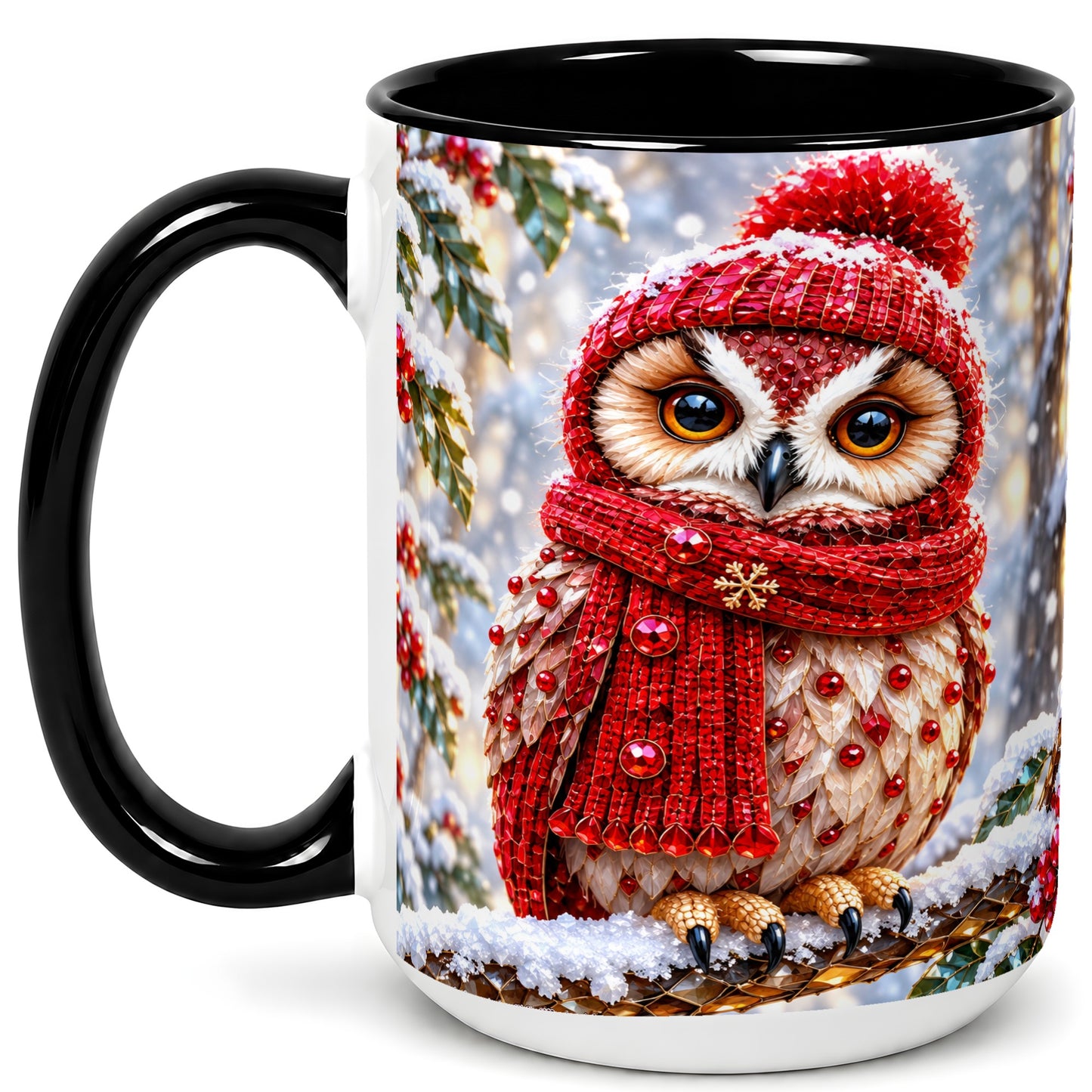 #pl[15oz|Black] Faceted Winter Owl Coffee Mug, Christmas Owl Mug, Ceramic Cup