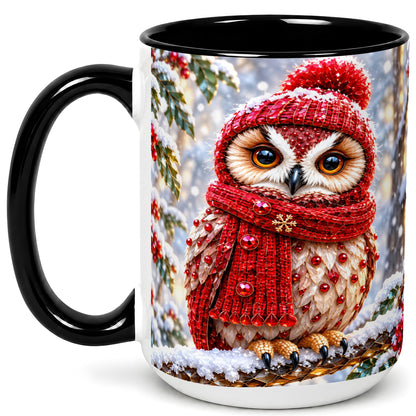 #pl[15oz|Black] Faceted Winter Owl Coffee Mug, Christmas Owl Mug, Ceramic Cup