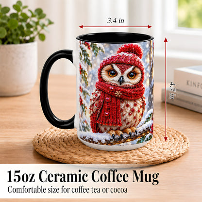#pl[15oz|Black] Faceted Winter Owl Coffee Mug, Christmas Owl Mug, Ceramic Cup