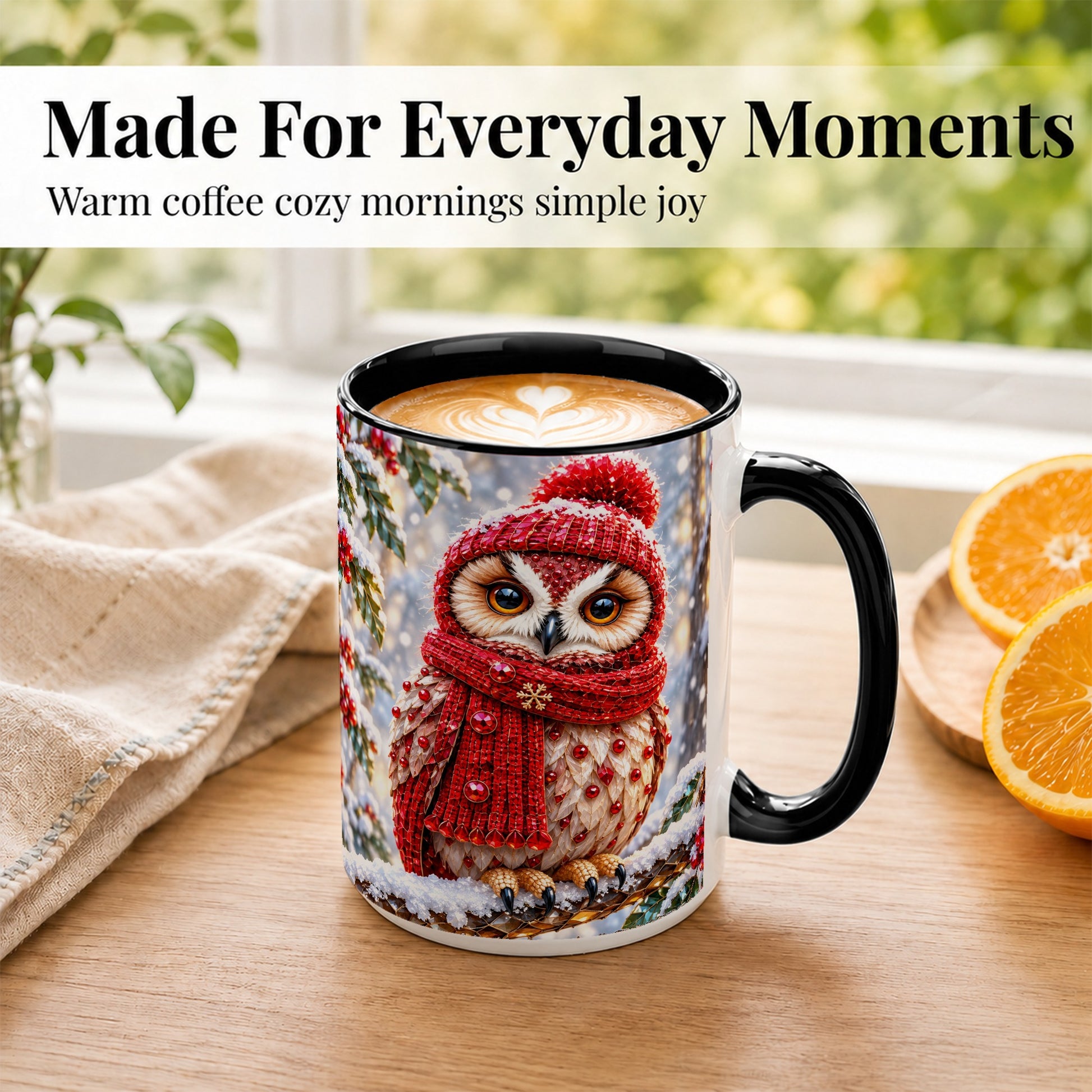 #pl[15oz|Black] Faceted Winter Owl Coffee Mug, Christmas Owl Mug, Ceramic Cup