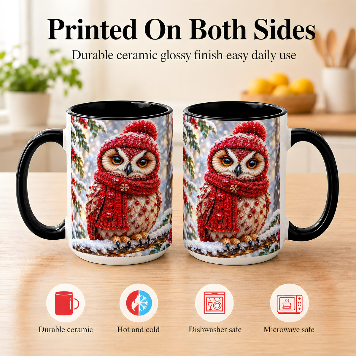 #pl[15oz|Black] Faceted Winter Owl Coffee Mug, Christmas Owl Mug, Ceramic Cup