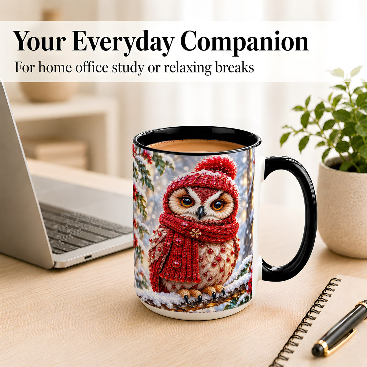 #pl[15oz|Black] Faceted Winter Owl Coffee Mug, Christmas Owl Mug, Ceramic Cup