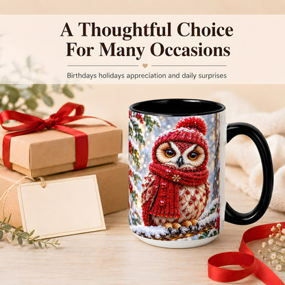 #pl[15oz|Black] Faceted Winter Owl Coffee Mug, Christmas Owl Mug, Ceramic Cup