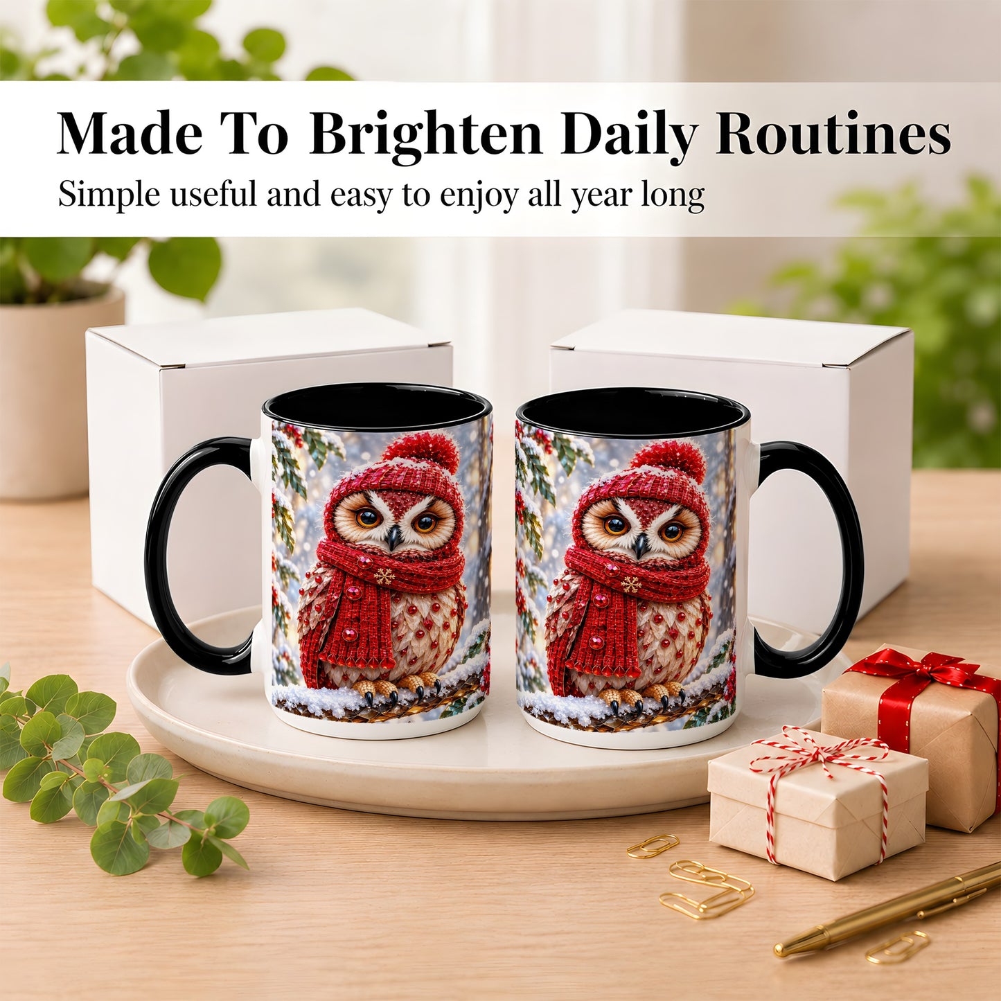 #pl[15oz|Black] Faceted Winter Owl Coffee Mug, Christmas Owl Mug, Ceramic Cup