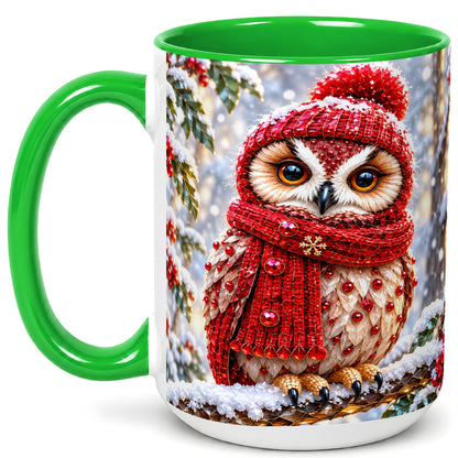 #pl[15oz|Green] Faceted Winter Owl Coffee Mug, Christmas Owl Mug, Ceramic Cup