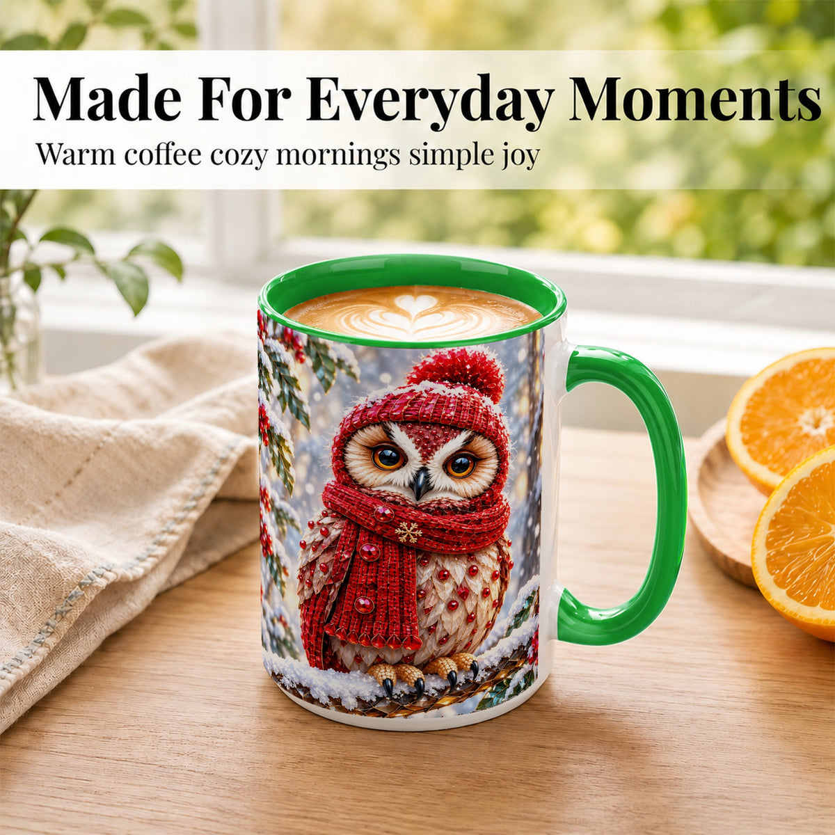 #pl[15oz|Green] Faceted Winter Owl Coffee Mug, Christmas Owl Mug, Ceramic Cup