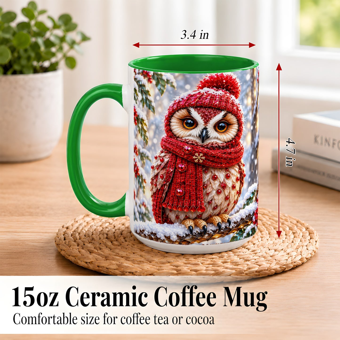#pl[15oz|Green] Faceted Winter Owl Coffee Mug, Christmas Owl Mug, Ceramic Cup