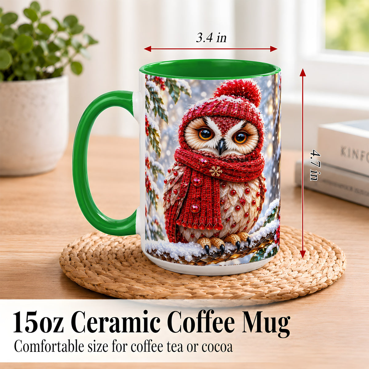 #pl[15oz|Green] Faceted Winter Owl Coffee Mug, Christmas Owl Mug, Ceramic Cup
