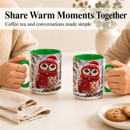 #pl[15oz|Green] Faceted Winter Owl Coffee Mug, Christmas Owl Mug, Ceramic Cup