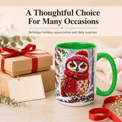#pl[15oz|Green] Faceted Winter Owl Coffee Mug, Christmas Owl Mug, Ceramic Cup