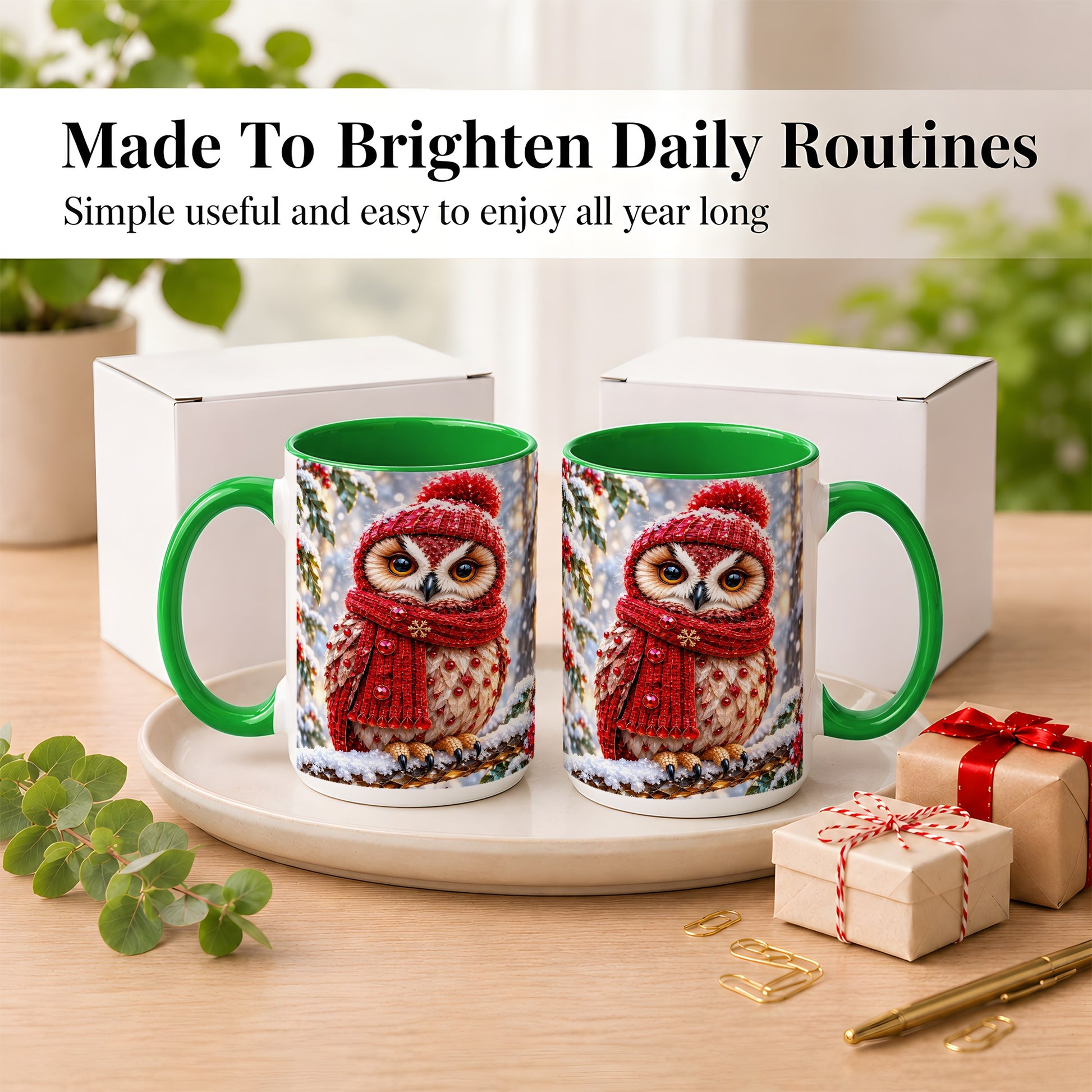 #pl[15oz|Green] Faceted Winter Owl Coffee Mug, Christmas Owl Mug, Ceramic Cup