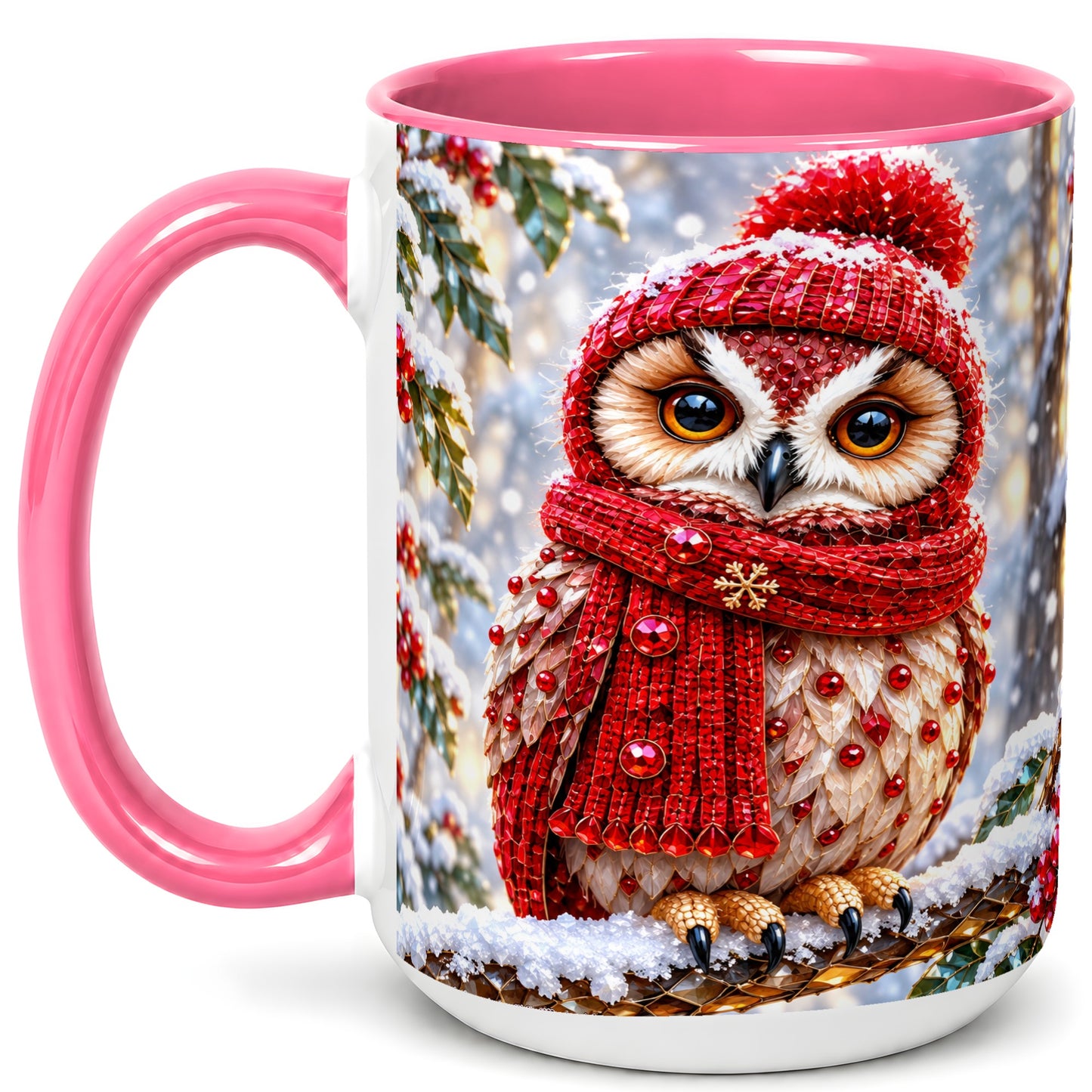 #pl[15oz|Pink] Faceted Winter Owl Coffee Mug, Christmas Owl Mug, Ceramic Cup