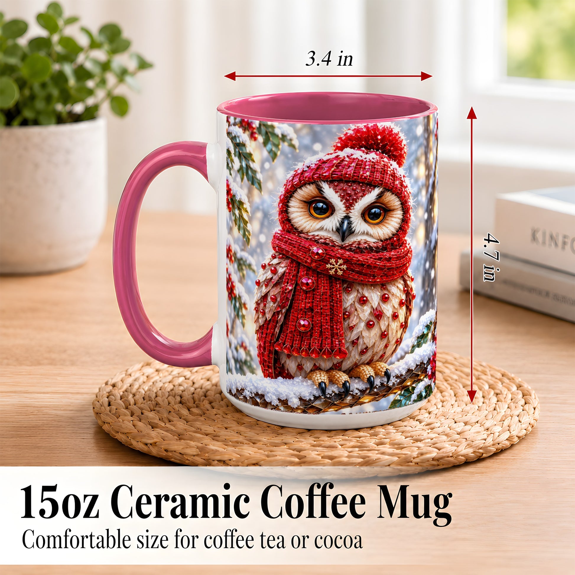 #pl[15oz|Pink] Faceted Winter Owl Coffee Mug, Christmas Owl Mug, Ceramic Cup