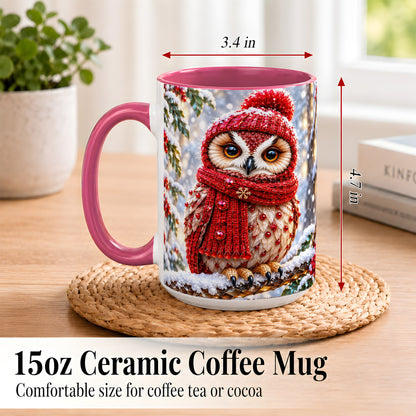 #pl[15oz|Pink] Faceted Winter Owl Coffee Mug, Christmas Owl Mug, Ceramic Cup