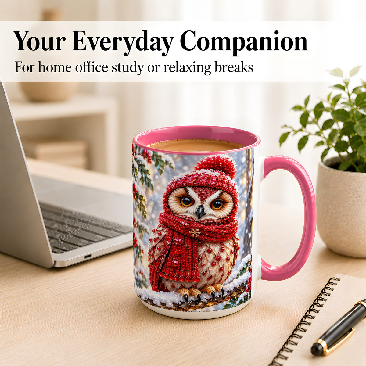 #pl[15oz|Pink] Faceted Winter Owl Coffee Mug, Christmas Owl Mug, Ceramic Cup