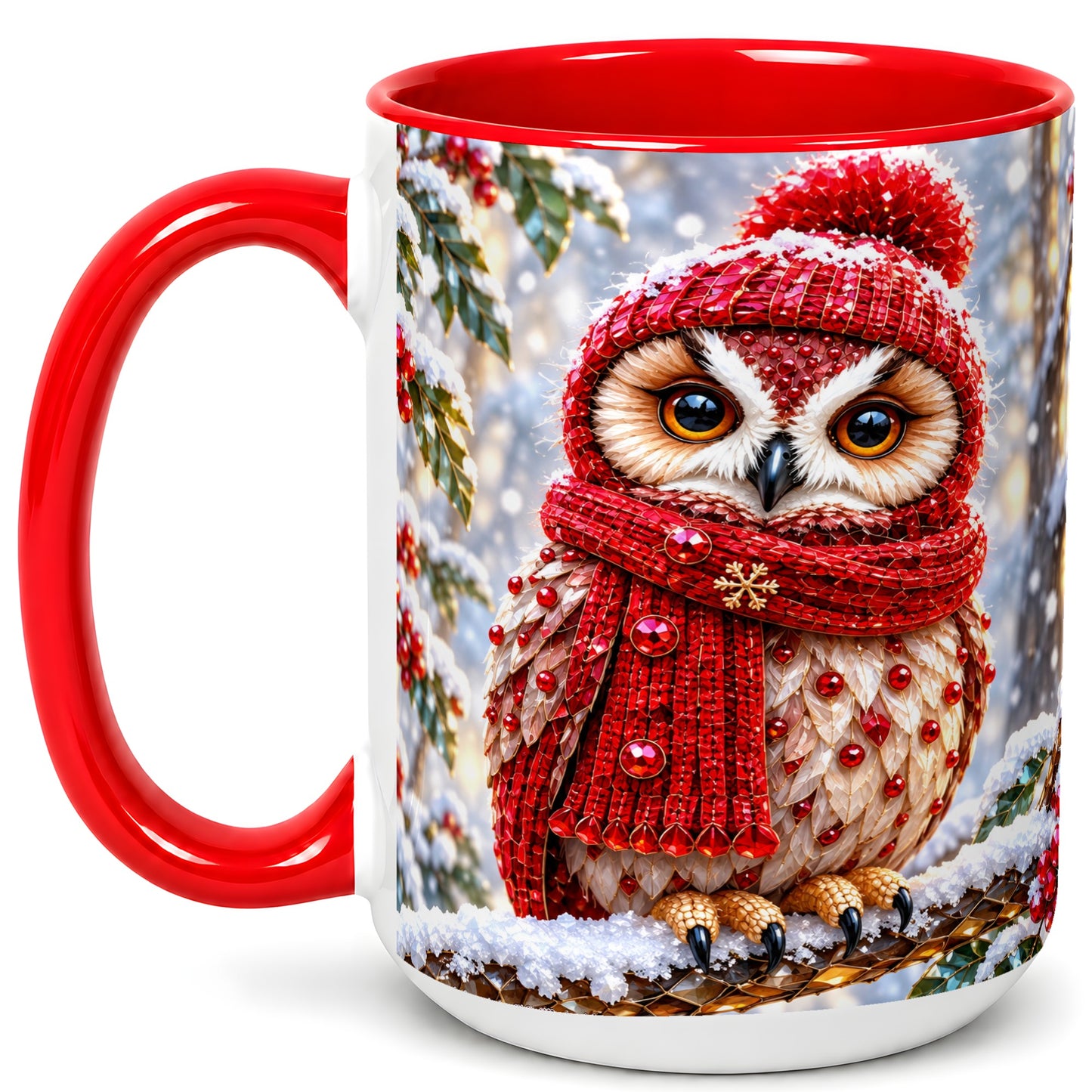 #pl[15oz|Red] Faceted Winter Owl Coffee Mug, Christmas Owl Mug, Ceramic Cup