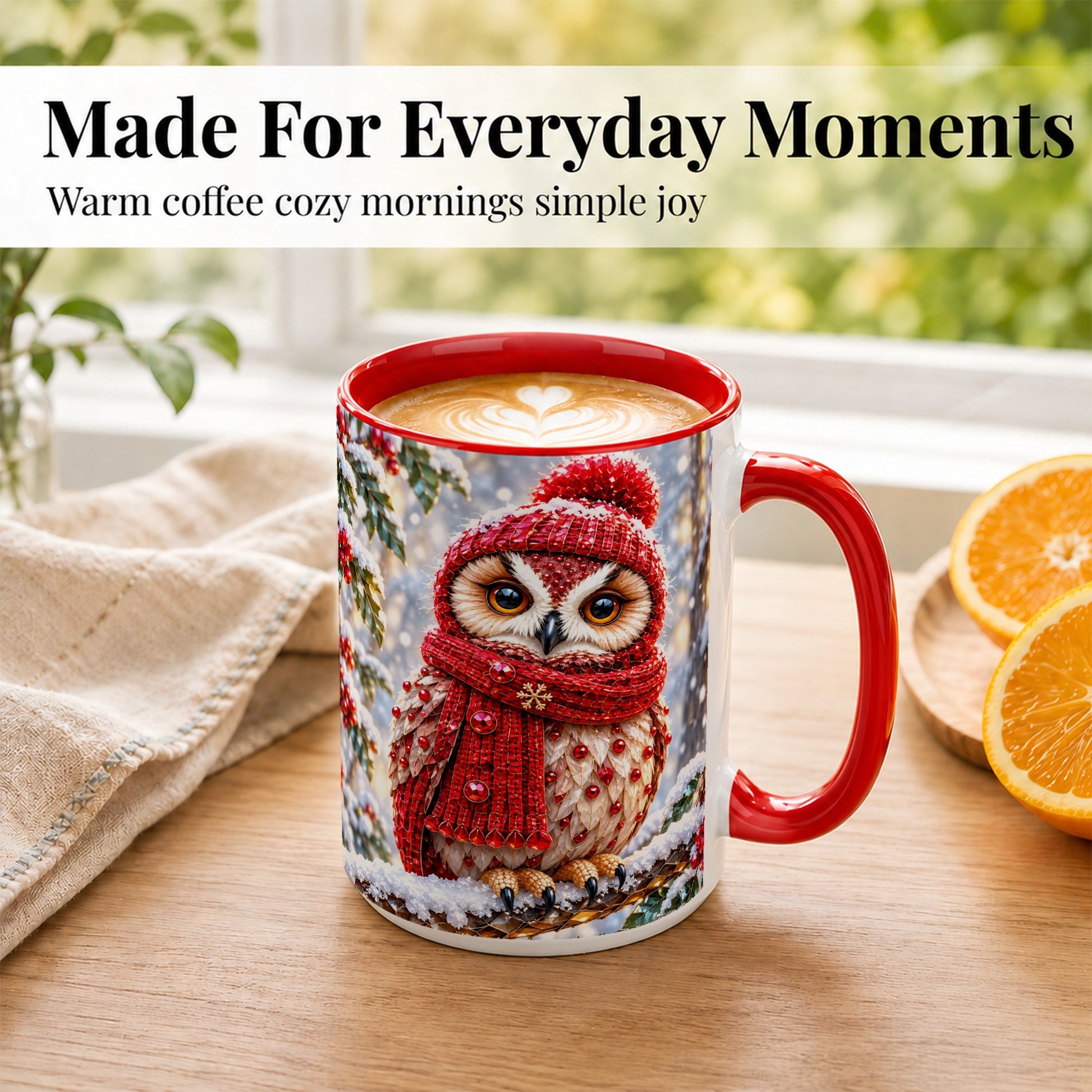 #pl[15oz|Red] Faceted Winter Owl Coffee Mug, Christmas Owl Mug, Ceramic Cup