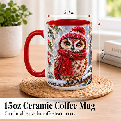#pl[15oz|Red] Faceted Winter Owl Coffee Mug, Christmas Owl Mug, Ceramic Cup