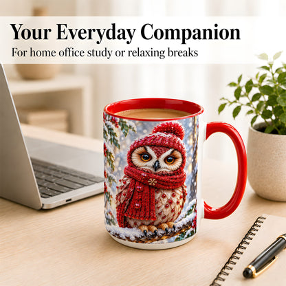 #pl[15oz|Red] Faceted Winter Owl Coffee Mug, Christmas Owl Mug, Ceramic Cup