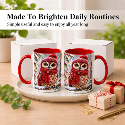 #pl[15oz|Red] Faceted Winter Owl Coffee Mug, Christmas Owl Mug, Ceramic Cup