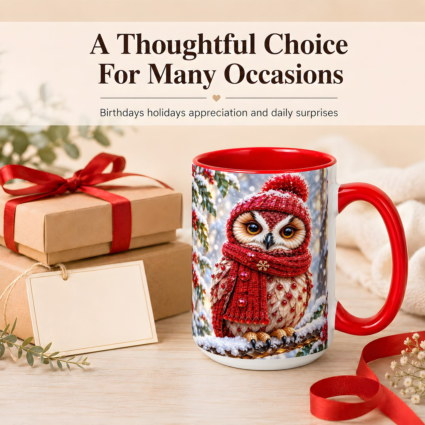 #pl[15oz|Red] Faceted Winter Owl Coffee Mug, Christmas Owl Mug, Ceramic Cup