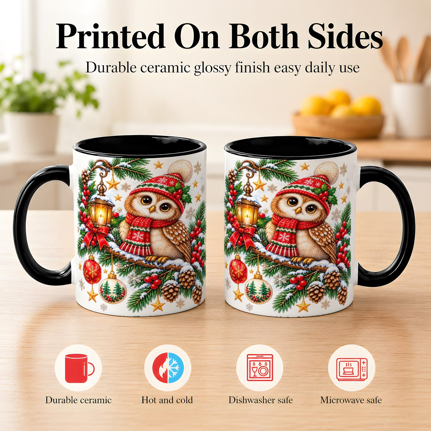 #pl[11oz|Black] Cozy Christmas Owl Coffee Mug, Lantern Owl Mug, Ceramic Cup
