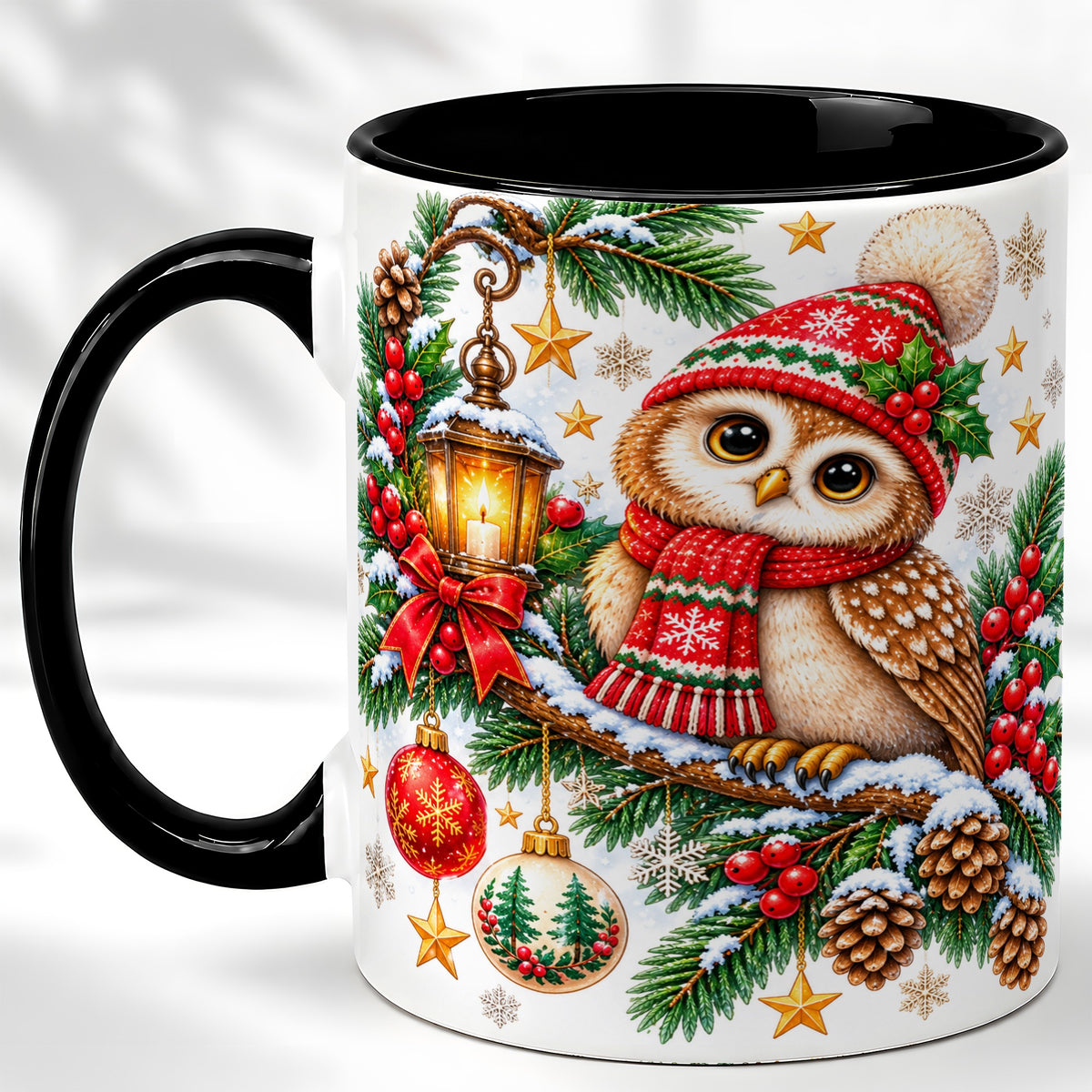 #pl[11oz|Black] Cozy Christmas Owl Coffee Mug, Lantern Owl Mug, Ceramic Cup