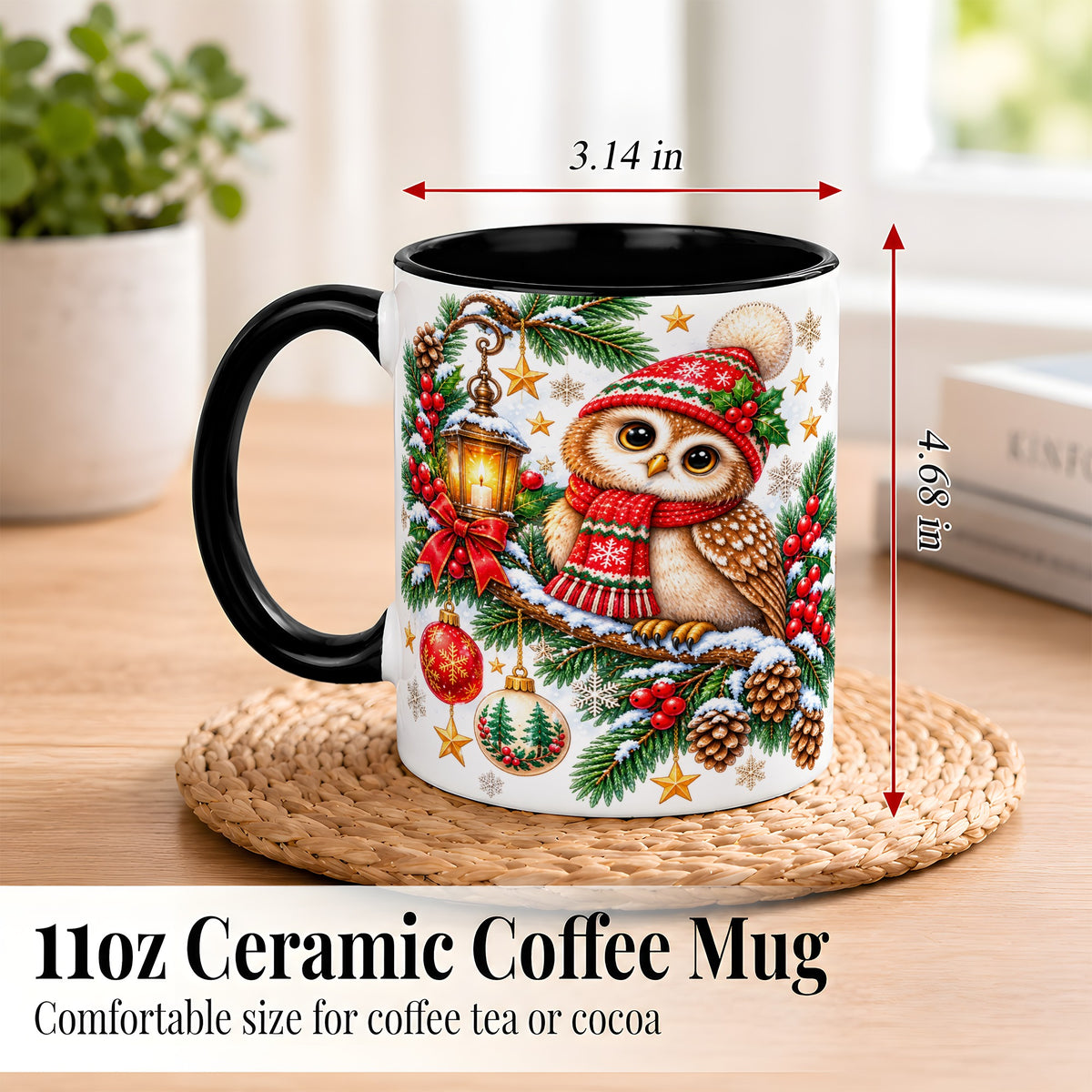 #pl[11oz|Black] Cozy Christmas Owl Coffee Mug, Lantern Owl Mug, Ceramic Cup