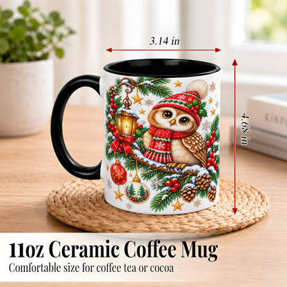 #pl[11oz|Black] Cozy Christmas Owl Coffee Mug, Lantern Owl Mug, Ceramic Cup