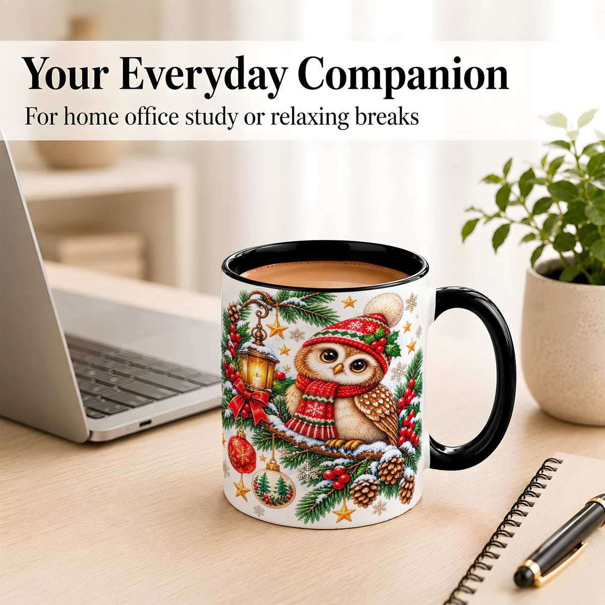 #pl[11oz|Black] Cozy Christmas Owl Coffee Mug, Lantern Owl Mug, Ceramic Cup