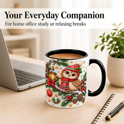#pl[11oz|Black] Cozy Christmas Owl Coffee Mug, Lantern Owl Mug, Ceramic Cup