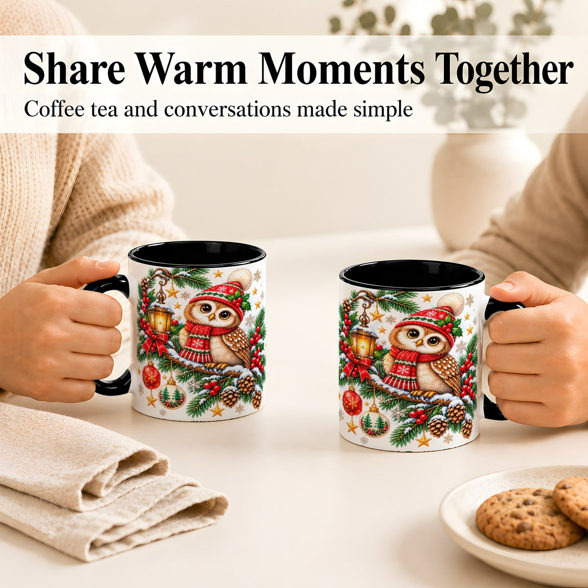 #pl[11oz|Black] Cozy Christmas Owl Coffee Mug, Lantern Owl Mug, Ceramic Cup