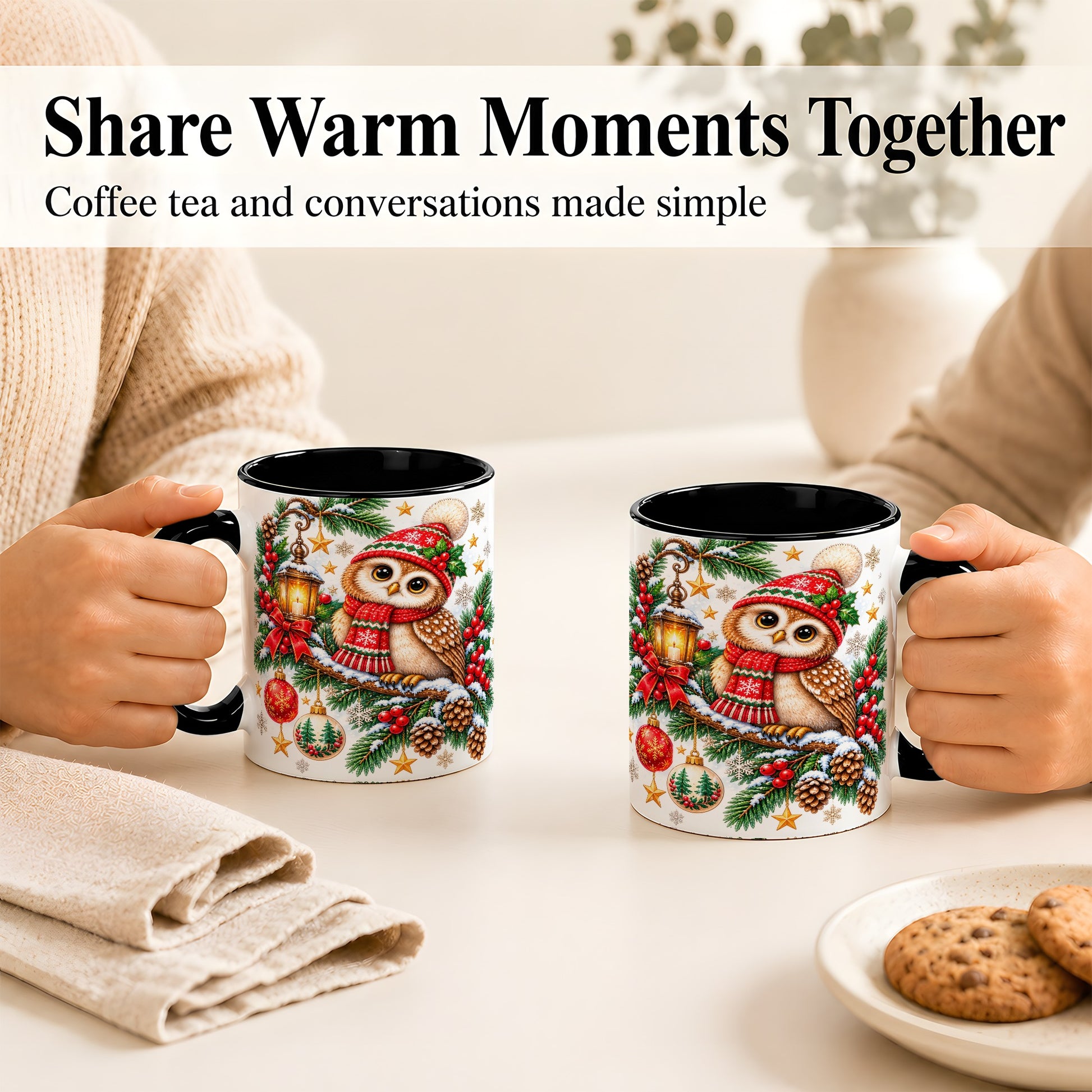 #pl[11oz|Black] Cozy Christmas Owl Coffee Mug, Lantern Owl Mug, Ceramic Cup