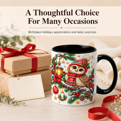 #pl[11oz|Black] Cozy Christmas Owl Coffee Mug, Lantern Owl Mug, Ceramic Cup