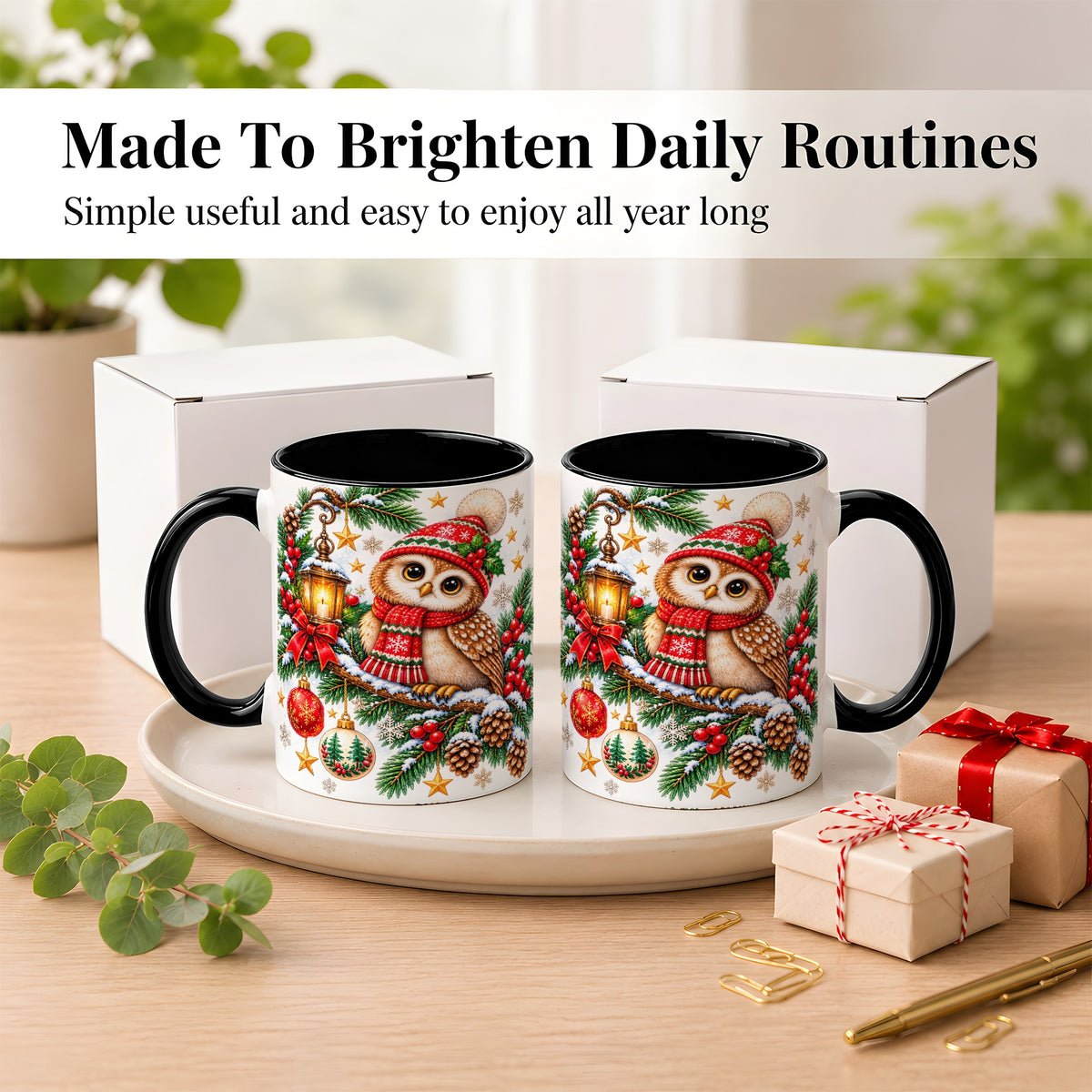 #pl[11oz|Black] Cozy Christmas Owl Coffee Mug, Lantern Owl Mug, Ceramic Cup