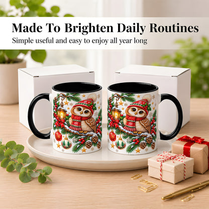 #pl[11oz|Black] Cozy Christmas Owl Coffee Mug, Lantern Owl Mug, Ceramic Cup