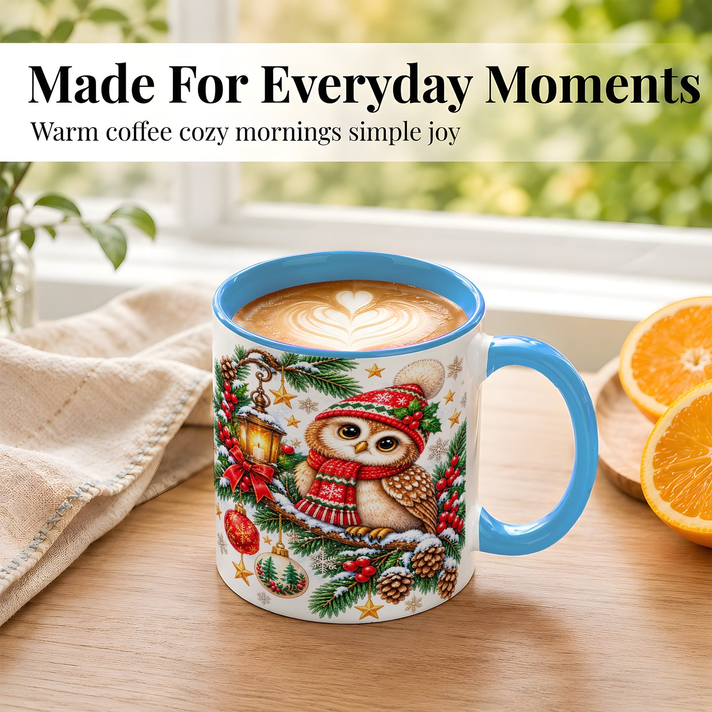 #pl[11oz|Blue] Cozy Christmas Owl Coffee Mug, Lantern Owl Mug, Ceramic Cup