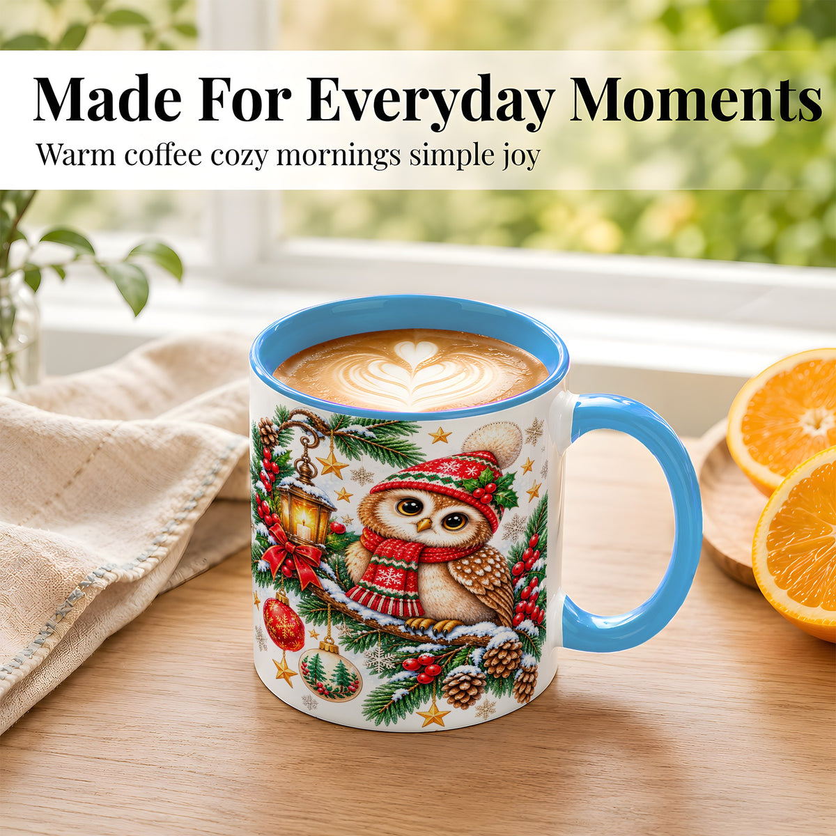 #pl[11oz|Blue] Cozy Christmas Owl Coffee Mug, Lantern Owl Mug, Ceramic Cup