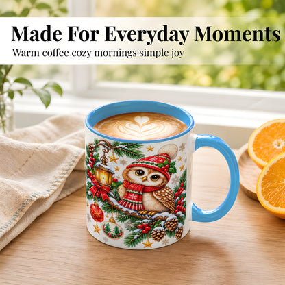 #pl[11oz|Blue] Cozy Christmas Owl Coffee Mug, Lantern Owl Mug, Ceramic Cup
