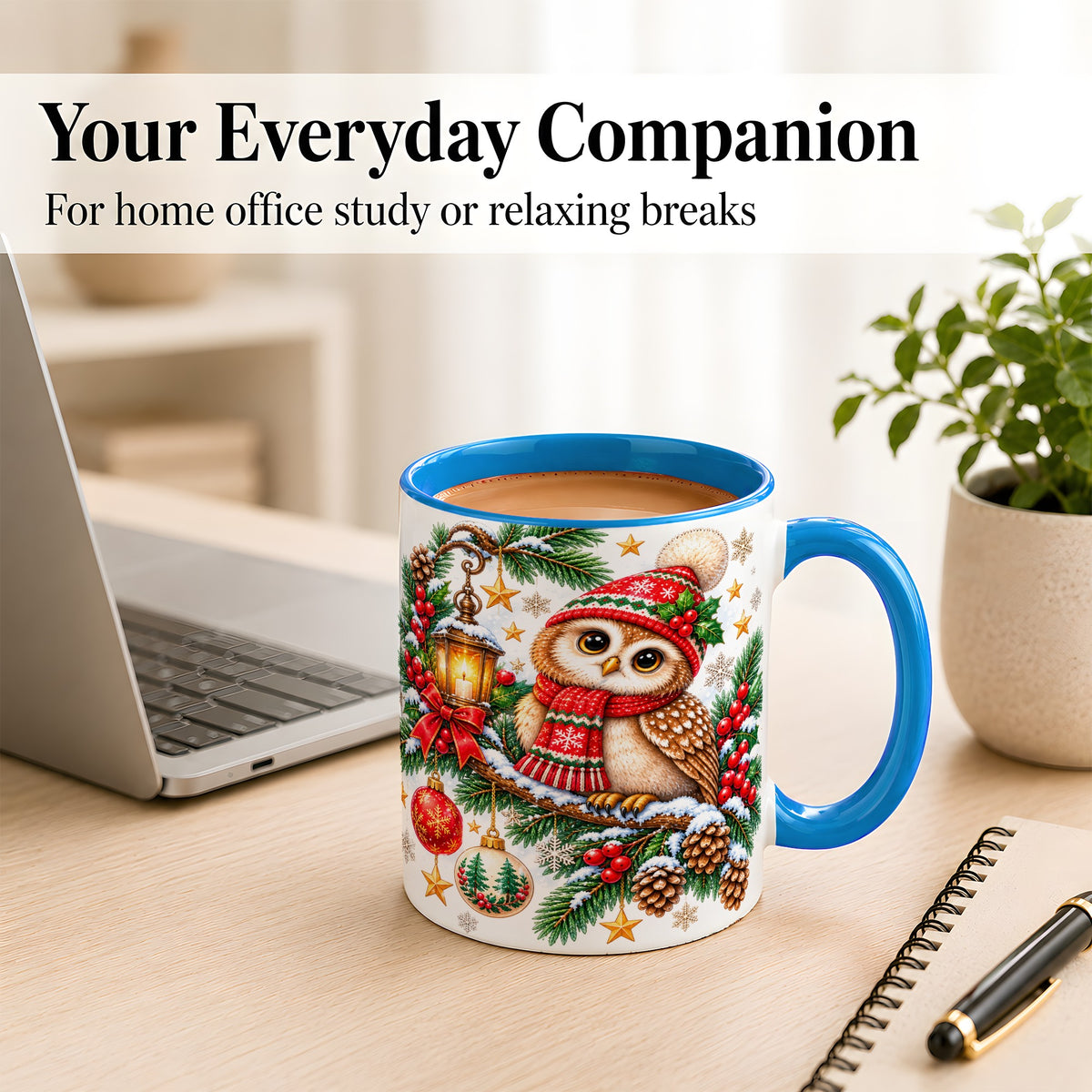 #pl[11oz|Blue] Cozy Christmas Owl Coffee Mug, Lantern Owl Mug, Ceramic Cup