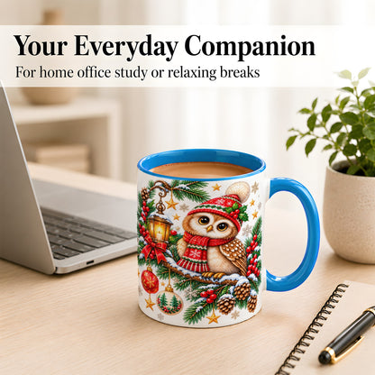 #pl[11oz|Blue] Cozy Christmas Owl Coffee Mug, Lantern Owl Mug, Ceramic Cup
