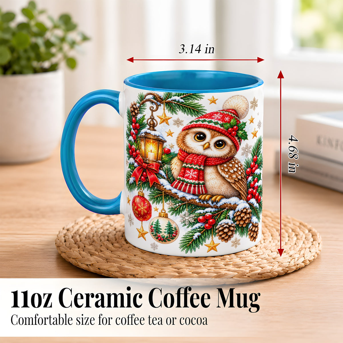 #pl[11oz|Blue] Cozy Christmas Owl Coffee Mug, Lantern Owl Mug, Ceramic Cup