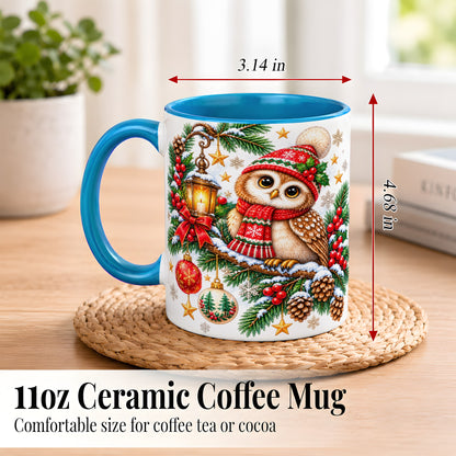 #pl[11oz|Blue] Cozy Christmas Owl Coffee Mug, Lantern Owl Mug, Ceramic Cup
